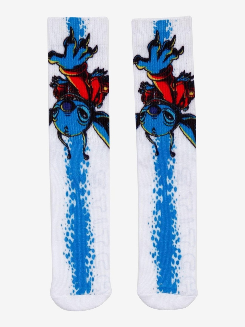Hot Topic White Crew Socks with Blue Stripe and Red Cartoon Character